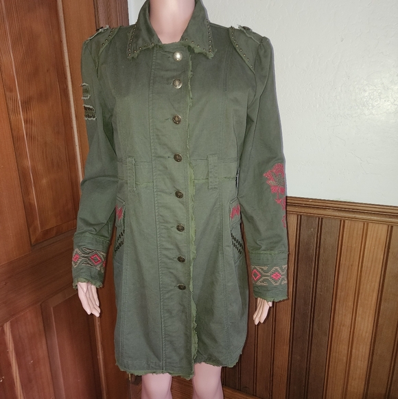 NWOT Tasha Polizzi Hamilton Embroidered Studded Green Military Jacket Duster L - Picture 2 of 10